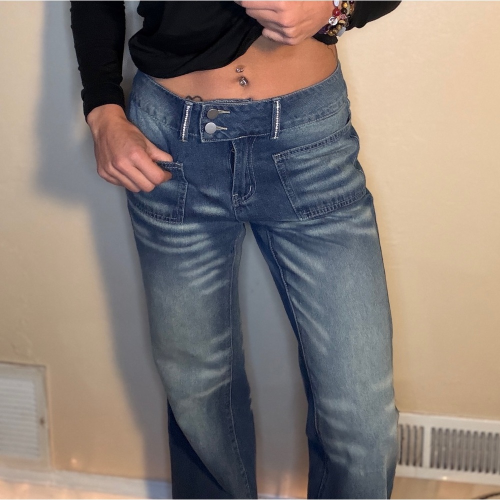REWORKED Low-rise Y2K faded blue denim jeans with a comfortable, stretchy fit